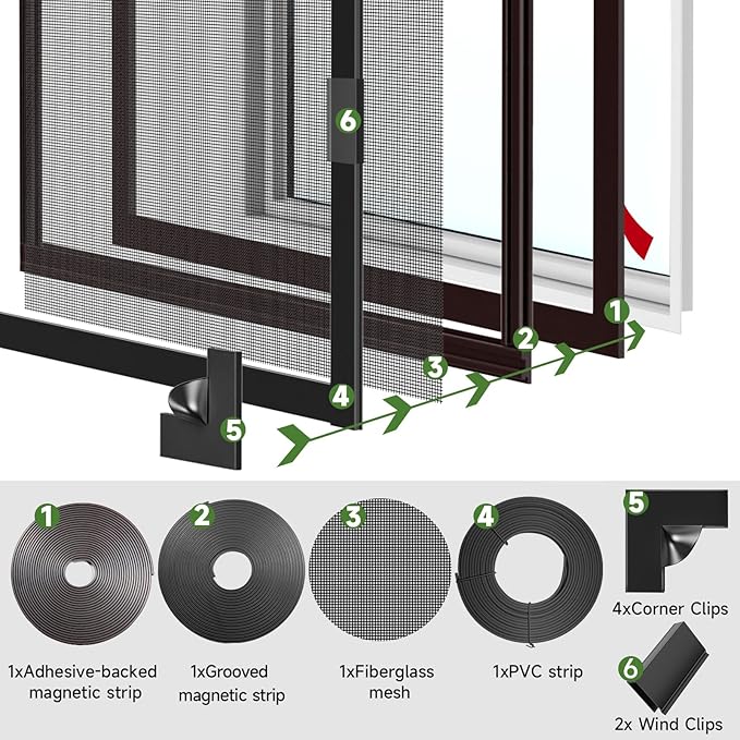 HOFUDON Window Screen Adjustable Magnetic Window Screen Replacement Max 23” x 34”, DIY Fiberglass Mesh Window Screens for House Windows Black Frame Grey Mesh