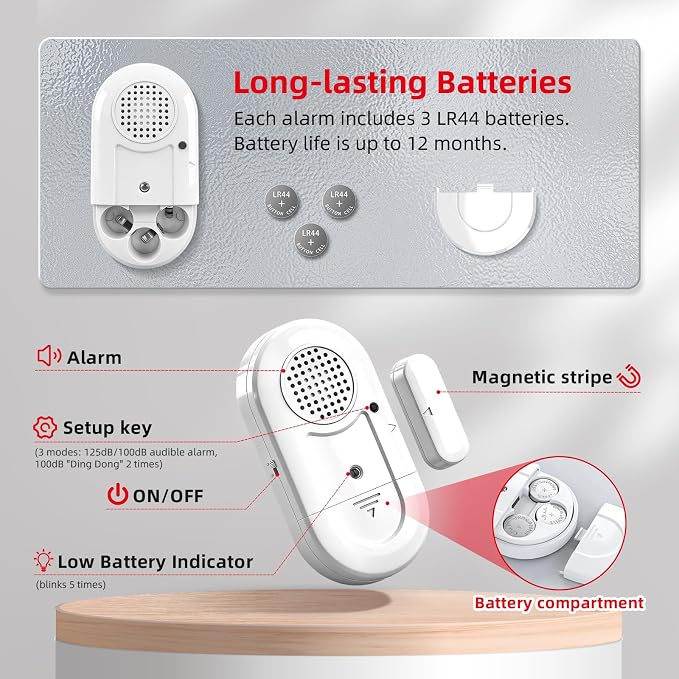 Sanjie Door Window Alarm Sensors, 3 Pack, 125dB, Volume Control | 125dB wireless sensors alert when doors or windows open, with adjustable volume, easy installation and long battery life