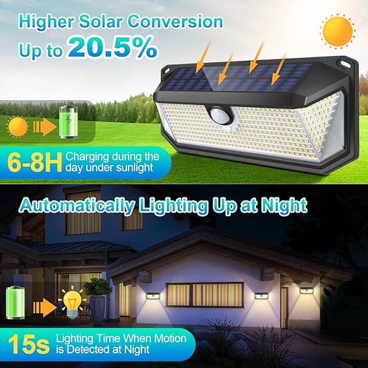 2-Pack Motion Sensor Solar Lights Outdoor, 388 LEDs 4000LM Solar Outdoor Lights Waterproof with 270° Wide Angle , Warm White Solar Powered Security Wall Light for Garden, Fence, Door, Garage, Yard