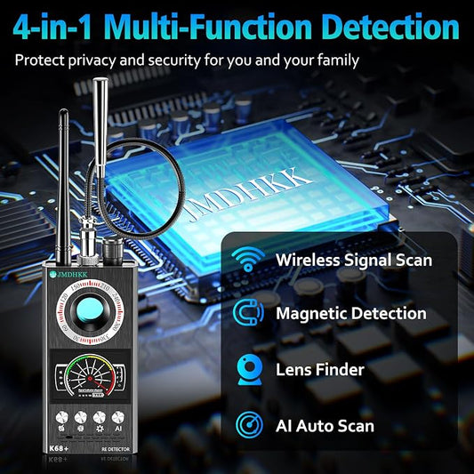 JMDHKK K68+ Hidden Camera Detector, Bug Detector & GPS Tracker Finder – 4-in-1 RF Signal Receiver for Privacy Protection in Hotel Rooms, Travel, Office, and Vehicle(Gray