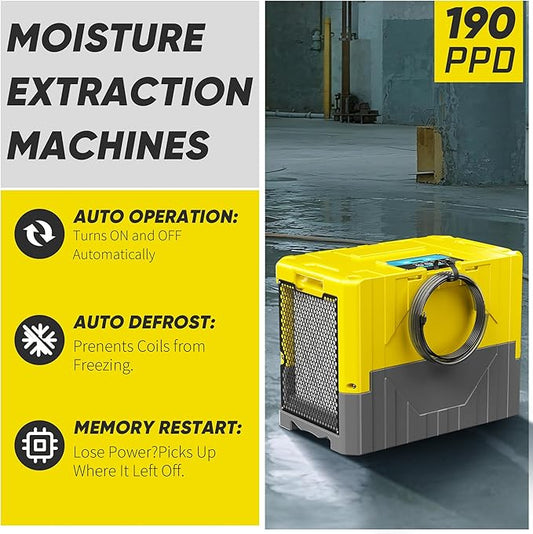 190PPD Commercial Dehumidifier with Pump for Basement-6000Sq.Ft. Warehouse, Large Space Crawl Space Dehumidifier for Efficient Water Damage Restoration-Auto Defrost, Memory Starting, Yelow-2PC