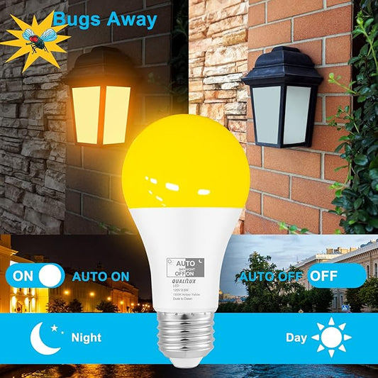 Qualilux Dusk to Dawn Bug Light Bulbs Outdoor, 1900K Amber Yellow, 600 Lumen, LED 9.5W, A19 E26, 2-Pack, HQ-H017