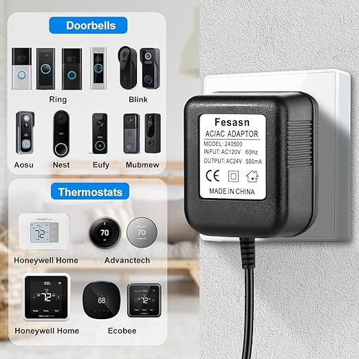 24V AC Power Supply, C Wire Adapter for Smart Thermostat, Fits for Nest Hello August Ring Door Bell and Ecobee Nest Honeywell Smart WiFi Thermostat (with 26.2 Foot Black Door Bell Wire)