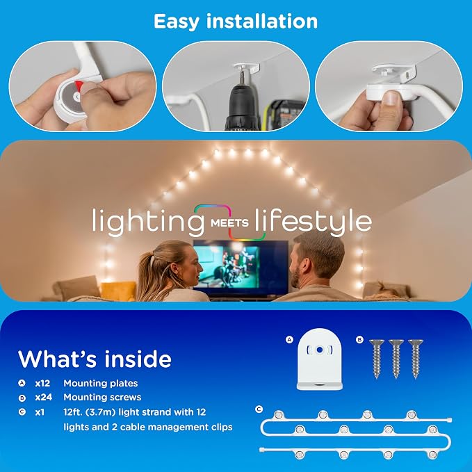 Enbrighten Vibe Spectrum Smart LED Wall Lights Indoor String Downlights | Extension Only, Not for Standalone Use, 12ft with 12 Lights, RGB Light, Compatible with Alexa & Google Home, Music Sync
