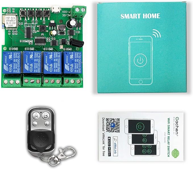 4 Channels WiFi Wireless Smart Switch Inching Self-Locking Relay Module,for DIY Access Control, Garage Door Opener with 433RF Remote Control (Ewelink App)
