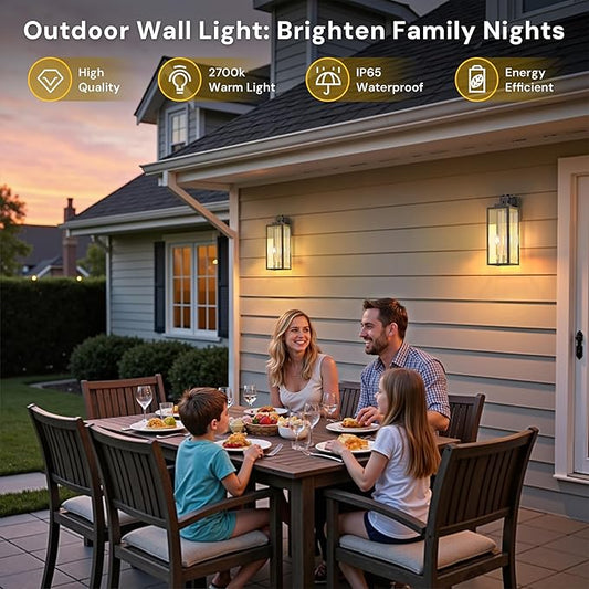 L LOHAS LED 18" Dusk to Dawn Outdoor Wall Lights, 2-Light Black and Gold Outdoor Wall Sconce Lantern with Clear Glass, Tall Transitional Exterior Light Fixtures for Porch, Garage, ETL Listed, 2 Pack