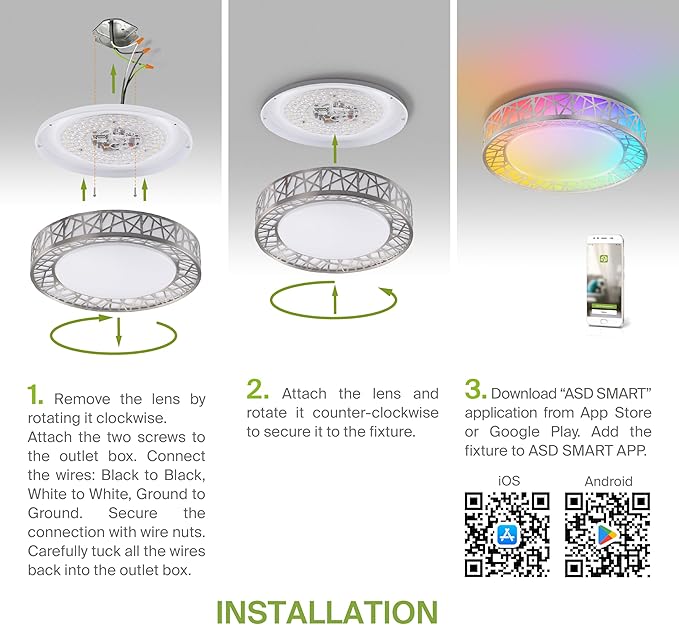 ASD 20 Inch Smart RGBW Flush Mount Ceiling Light with Remote - Brushed Nickel 42W 120V 2700-6500K Dimmable Ceiling Light Fixture, WiFi App Control RGB Lights, Alexa & Google Assistant - ETL