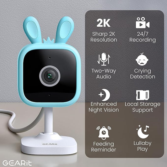 GEARit Baby Monitor with Camera & Audio 2K Video with Motion & Crying Detection, 2 Way Audio Easy WiFi Setup, Remote Monitoring - Easy to Set Crib Monitor with Adjustable Stand