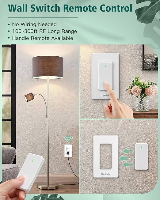 Remote Control Outlet, Wireless Wall Mounted Light Switch, 15A/1500W Remote Outlet for Light & Small Electrical Appliance, 300 Feet RF Range, Anti-Surge 4000V, 2 Remotes and 1 Outlet