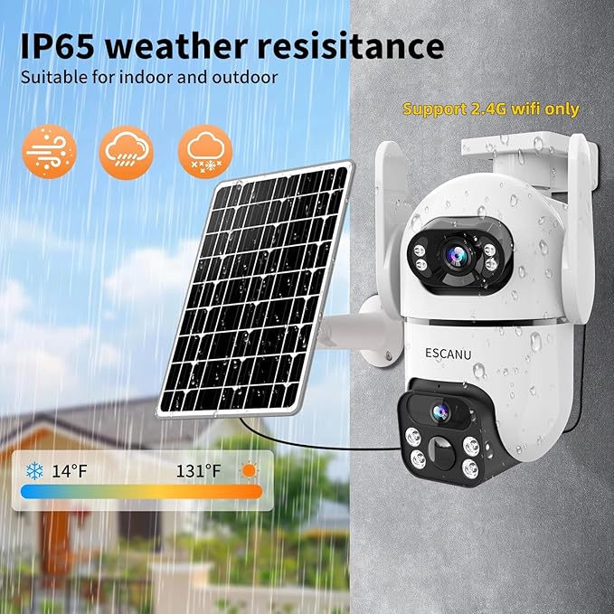 Dual Lens Security Cameras Wireless Outdoor for Home Security, 2K Ultra HD Resolution, 2.4GHz WiFi, 2-Way Audio, Color Night Vision, Motion Detection, PTZ 360 Coverage, No Monthly Fee, IP65 Waterproof