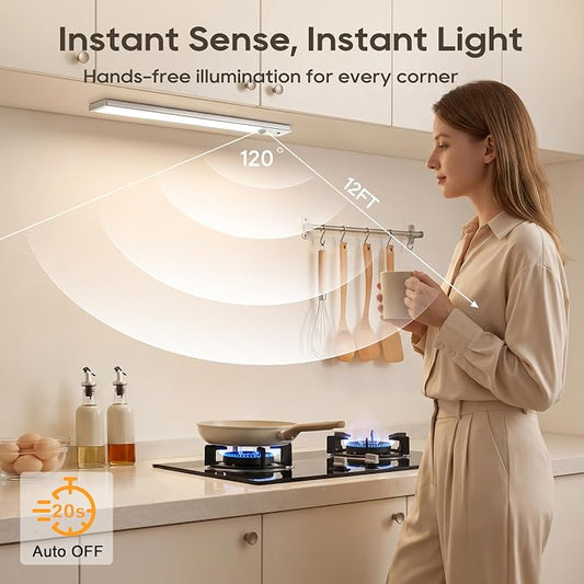 14.7 Inch Under Cabinet Lighting, 6 Color Temps Motion Sensor Light Indoor, LED Power Display Rechargeable Battery Operated Closet Light with Remote, Dimmable Under Counter Lights for Kitchen-2 Pack