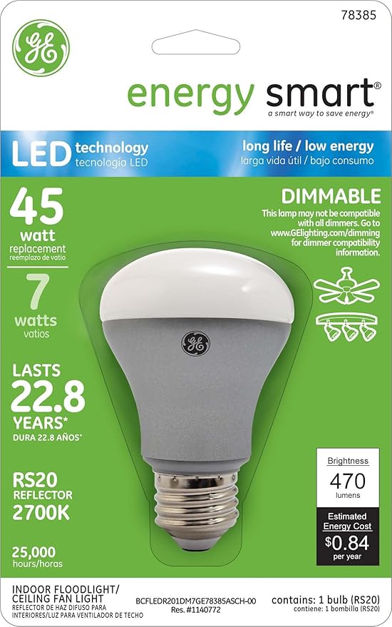 GE Lighting 78385 Energy Smart LED 7-watt 470-Lumen Dimmable RS20 Floodlight Bulb with Medium Base, Soft White, 1-Pack