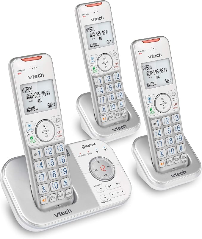 VTech VS112-37 DECT 6.0 Bluetooth 3 Handset Cordless Phone for Home with Answering Machine, Call Blocking, Caller ID, Intercom and Connect to Cell (Silver & White)