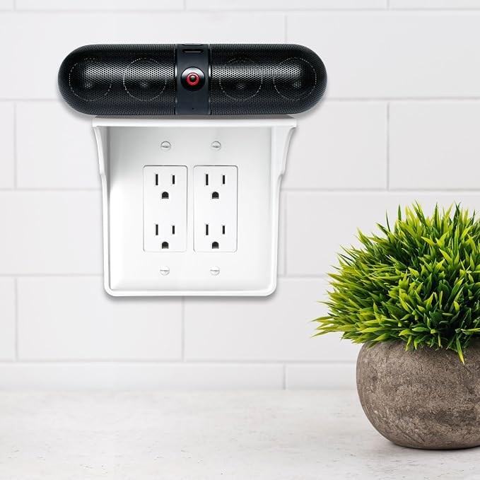 Power Perch Double Outlet Shelf, Renter Friendly Shelves, 2-Pack White | No Drill Alexa Stand Holder Outlet Mount for Bathroom, HomePod Stand, Cord Storage Strap, WiFi Router Wall Shelf, USA Made