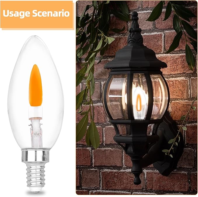 HEWA-Tech E12 Base (Miniature Screw) C35 Flame Tip Flicker Bulbs - Crystal Clear Candle Light with Orange Glow Effect for Halloween, E12 Non-Dimmable Chandelier Replacement Bulbs, 6-Pack