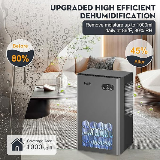 ToLife Dehumidifier for Home 95 OZ Water Tank, 1000 sq.ft Dehumidifiers for Basement Bathroom Bedroom with Auto Shut Off 7 Colors LED Light, Grey