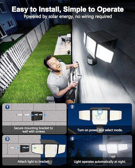 6000LM Solar Lights Outdoor, 4 Heads Motion Sensor Outdoor Lights, Solar Flood Lights for Yard House Outside Garage, IP65 Waterproof, 3 Modes, Easy Install, 3 Pack