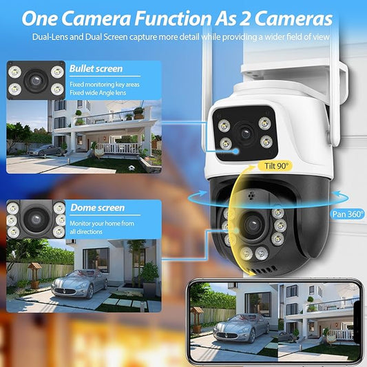6MP Security Camera Outdoor, 360°PTZ Surveillance System, Dual Lens Security Camera 2.4Ghz 24/7 Record IP66 WiFi Camera for Home Security with Motion Detection, Color Night Vision,Two-Way Audio(White)