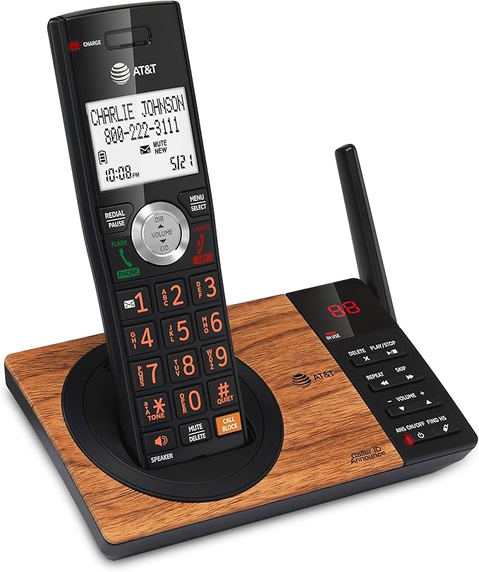 AT&T CL82167 Cordless Phone with Answering Machine, Call Blocking, Caller ID Announcer, Intercom and Long Range, Black & Wood Grain Finish