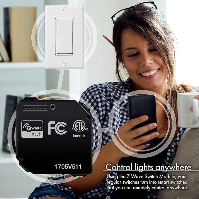 Z-Wave Plus Relay, Hidden Smart Switch Wireless Remote Control to Lights and Ceiling Fans, 120-277VAC, 10A, Neutral Wire Required, ZWN-RSM1-PLUS, Black, 2-Pack