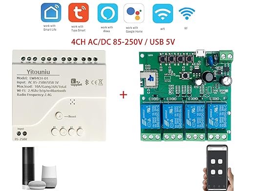 EWeLink 4CH Smart WiFi 85-250V Switch Controller, APP Remote Control, Bluetooth RF Remote Control, Point/Self-Locking/Interlocking, Compatible with Alexa