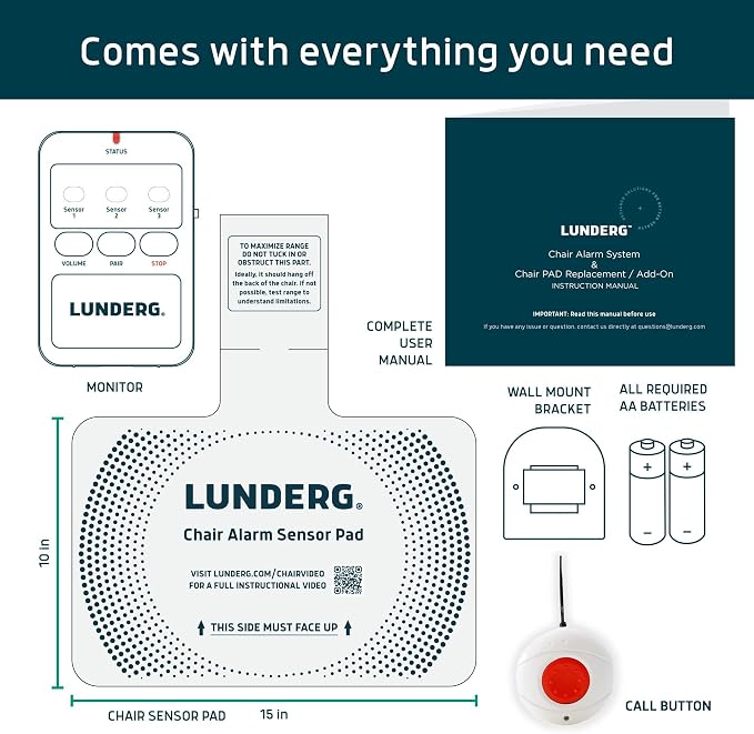 Lunderg Chair Alarm System with Call Button, Wireless Chair Sensor Pad & Pager - Elderly Monitoring Kit - Chair Alarms and Fall Prevention for Elderly
