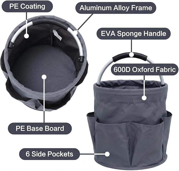 Cleaning caddy with Handle,17L Foldable collapsible bucket 600D Oxford Fabric, 6 Pockets Portable Multi-Use Organiser for Home, Garden, Camping,Grey