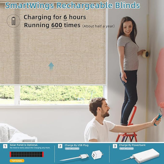 SmartWings Motorized Smart Blinds for Windows in Light Filtering, Electric Remote Roller Shades Compatible with Alexa/Google Home/Homekit, Custom Up to 110”W x 148”H, Linen Translucent Caramel