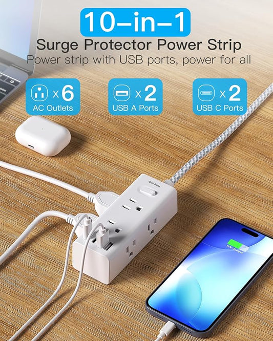 Surge Protector Power Strip - 6 Widely Outlets with 4 USB Ports (2 USB C), 6 Ft Extension Cord Flat Plug, 3 Way Wall Outlet Extender Extension Cord for Home Office College Dorm Room Essentials