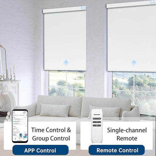 Motorized Blinds with Remote, Blackout Automatic Blinds for Windows Electric Roller Shades, Motorized Shades App Control for Bedroom Office (Blackout-Pure White, 30" Wx72 H)