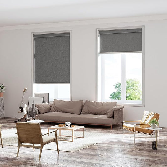 Changshade Custom Size Cordless Roller Shades with Valance, Blackout Roller Shades for Windows Roll-up Fabric Blinds with Thermal Insulated for French Door, Easy Installation Deep Grey
