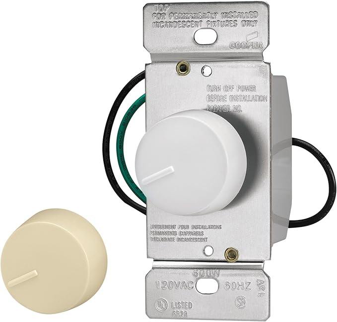 Eaton RI06P-VW-K2 600-Watt 120-Volt Single-Pole/3-Way Incandescent/Halogen Dimmer with Preset, Ivory and White Knobs