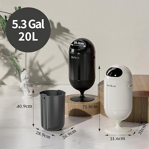 MRBIN Metal Trash Can with Lid, 5.3 Gallons / 20L Medium Decorative Waste Basket, Round Tall Garbage with High Leg for Bathroom, Office, Bedroom, Kitchen, Cream White