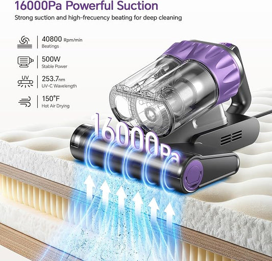 Mattress Vacuum Cleaner 18Kpa Bed Vacuum Cleaner with Smart Dust Sensor,UV-C Light,HEPA Filter,150°F Heat,500W Powerful Handheld,for Pet Hair,Sofa,Couch CribValentine's Day Gift Ideas for Women