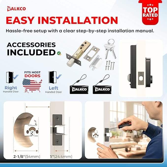 VALKCO Smart Deadbolt V600BF โ Smart Door Lock for Front Door, Keyless Entry Door Lock with Fingerprint, Touch Keypad, RFID Card and Mobile App Control, Auto Lock, DIY Easy Install, IP65 Weatherproof.