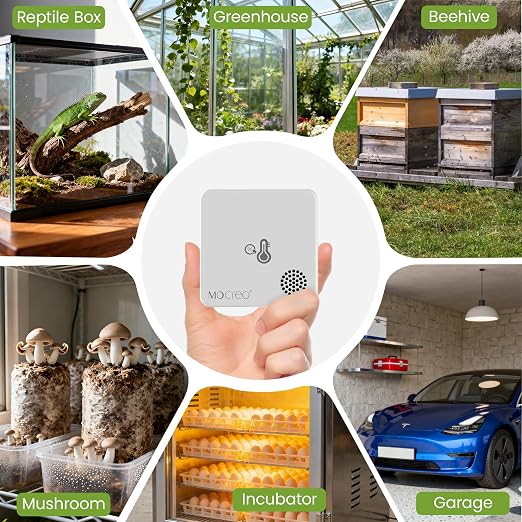 MOCREO Room Thermometer Indoor Humidity Monitor, Smart Plug Hub + 3 Sensors | Wi-Fi hygrometer with app, email and audible alerts; 2-year history and CSV export; bedroom, basement, nursery, cabin