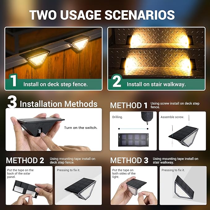 PATIOWIN Solar Step Lights for Outside,24 LEDs Solar Stair Lights Waterproof IP65,Solar Deck Lights Outdoor for Yard, Porch, Front Door, Stair, Step, Patio, Deck(12 Pack, Warm White)