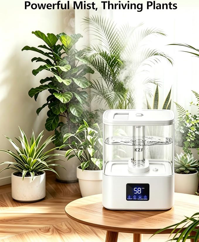 KZF 4L Top Fill Humidifiers for Bedroom & 40H Runtime - Cool Mist Humidifier, 3 Mist Levels, 8H Timer, Essential Oil Tray, Humidity Display, Quiet for Baby, Plants, Large Room (White, 4, Liters)