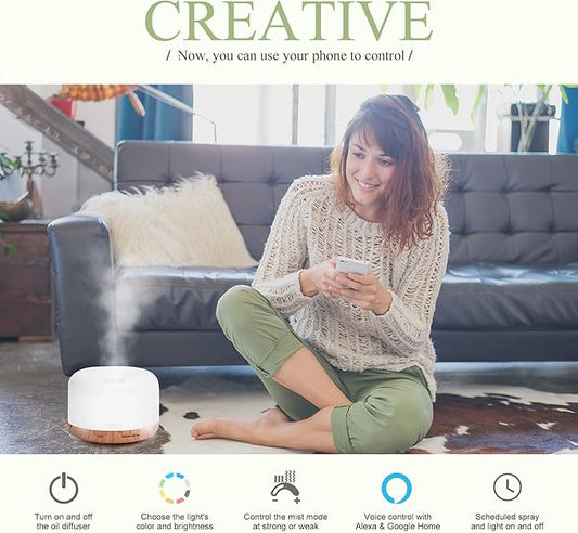 ASAKUKI Smart Wi-Fi Essential Oil Diffuser, App and Voice Control Compatible with Alexa, 500ml Aromatherapy Humidifier for Relaxing Atmosphere in Home Office Bedroom, Gift for Mom (Light Brown)