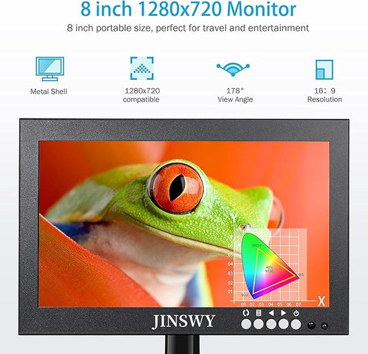 8" Mini Security Monitor, Portable 1280x720 Metal Screen, HDMI/VGA/AV/BNC Input, Built-in Speakers & Remote, for CCTV Surveillance and Security Systems