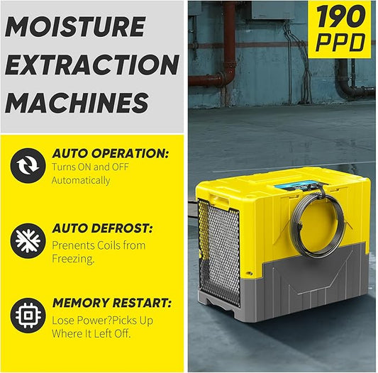 190PPD Commercial Dehumidifier with Pump for Basement-6000Sq.Ft. Warehouse, Large Space Crawl Space Dehumidifier for Efficient Water Damage Restoration-Auto Defrost, Memory Starting, Yelow