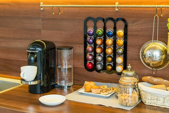 Demi's Home Adhesive Coffee Pod Holder for Nespresso Vertuo Capsules (Measure Before Purchase) - Suitable to be Mounted Inside/Under the Cabinet or on the Wall (Black)
