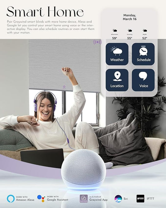 Graywind Smart Blackout Roller Shades for Alexa Google Textured Gleaming Fabric Rechargeable Motorized Blinds Cordless Remote Control Window Shades, Custom Size (Striped Light Grey) (GW-QZYM-TH00)