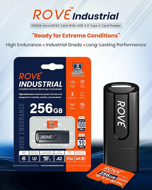 ROVE Industrial 256GB Micro SD Card with USB 3.0 Type C Card Reader, High Endurance microSDXC Memory Card 100MB/s Read Speed, C10, U3, V30, 4K, A2 for Dash Cam, Android Smart Phones, Tablets, Games