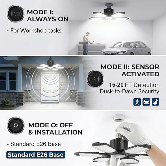 BRAINIAC Motion Sensor Garage Light with 3 Switch Modes, E26/E27 Screw in Garage Lights Ceiling LED Motion Activated for Garage/Shop/Porch-150W 15000LM 6000K