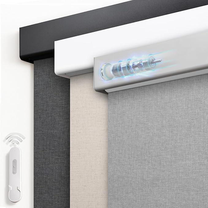 Motorized Blinds with Remote, Blackout Rechargeable Automatic Roller Shades, Cordless Smart Blinds Compatible with Alexa, Custom Blind for Indoor Windows, Bouvardia Light
