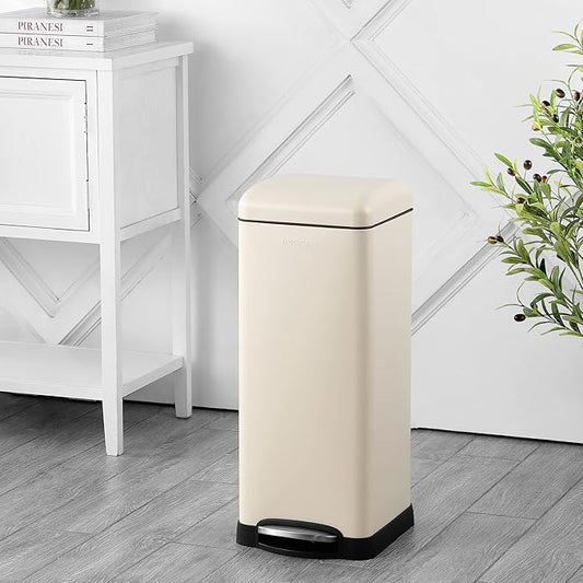 happimess HPM1007F Betty Retro 8-Gallon Step-Open Trash Can with Soft-Close Lid, Fingerprint Resistant, Modern, Minimalistic for Home, Kitchen, Laundry Room, Office, Bedroom, Bathroom, Almond