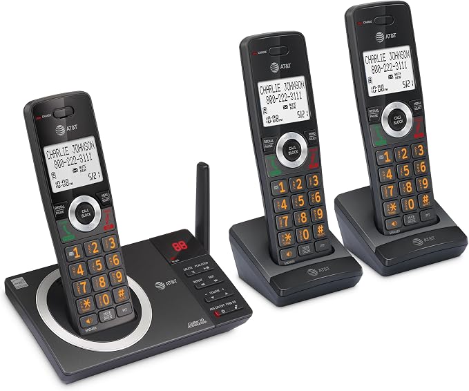 AT&T CL82318 3-Handset Expandable DECT 6.0 Cordless Phone, Charcoal Black | Large Display, Big Buttons, Answering Machine, Smart Call Blocker, Long Range
