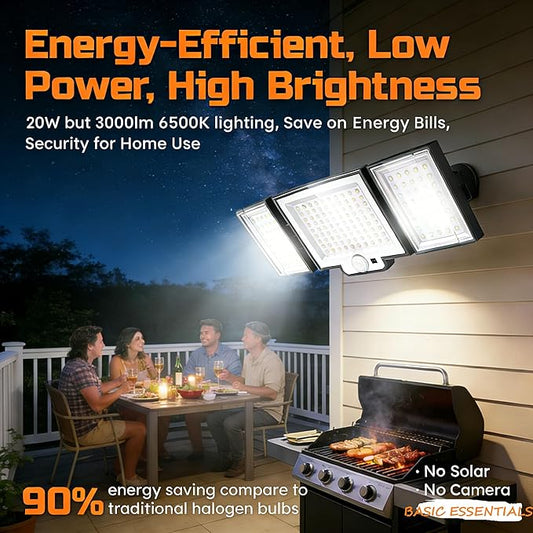 CLAONER LED Security Lights Motion Sensor Outdoor, 20W 3000LM Floodlight 6500K 3 Modes, IP65 Waterproof 3 Head Detected Flood Light for Garage, Yard, Door, Porch, Patio (4 Pack)
