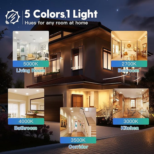 FREELICHT 6 Pack 4 Inch 5CCT Ultra-Thin LED Recessed Ceiling Light with Junction Box, 2700K/3000K/3500K/4000K/5000K Selectable, 700LM Brightness, Dimmable Canless Wafer Downlight, 10WEqv90W-ETL&FCC